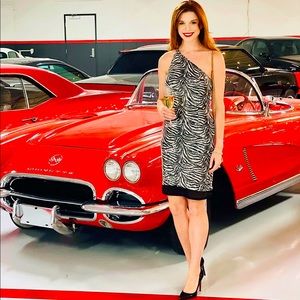 Vintage Cache Zebra Sequin Silk One Shoulder Slip Dress y2k